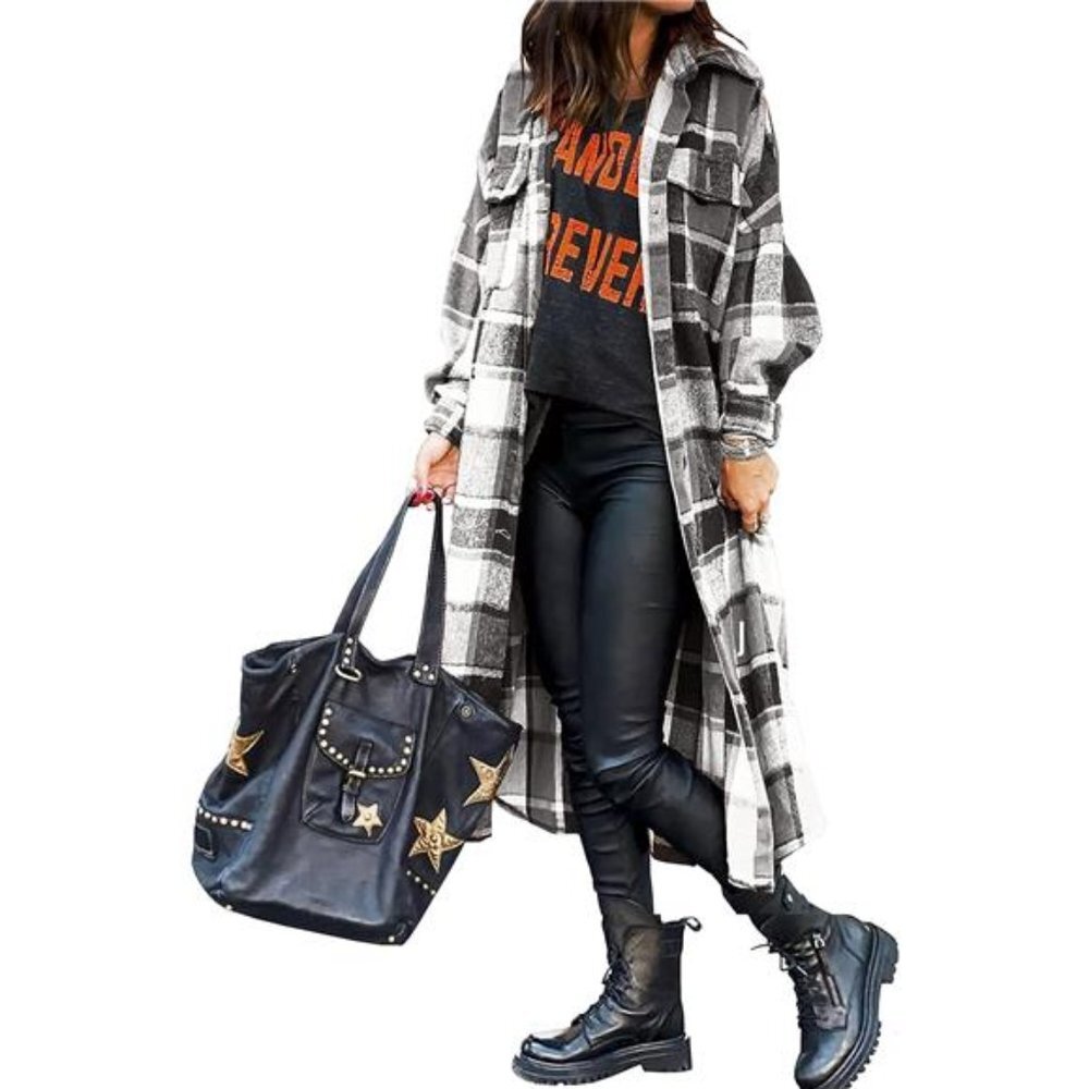 Black Plaid‎ Print Oversized Button Down Long Midi Trench Flannel Jacket Coat - Picture 5 of 6